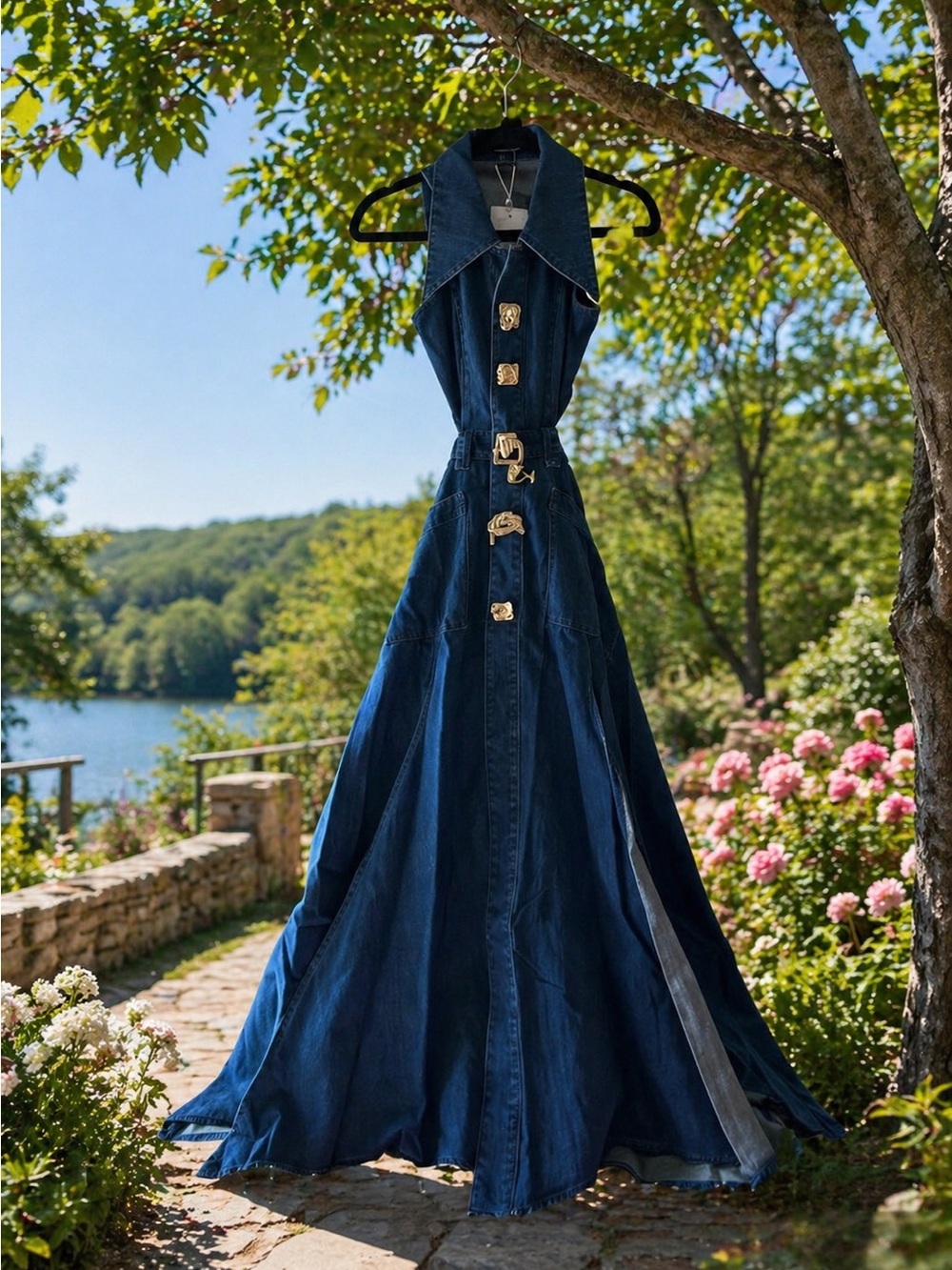 Dark Blue Denim Maxi Dress with Gold Buckle Details